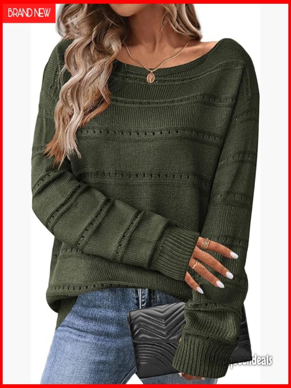 Loose Fit Crochet Pullover Sweater Long Sleeve Boat Neck Casual Fall